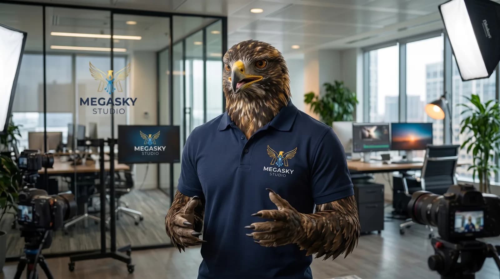 Roberto, mascote da MegaSky Studio, de camisa polo com a logo da marca